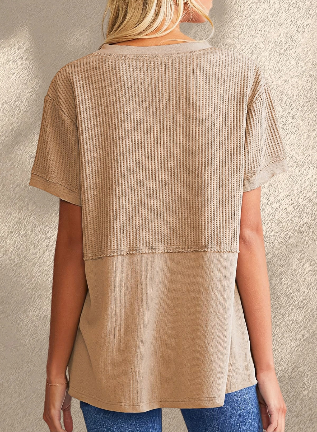 New Arrivals🔥Women's V-neck Casual Waffle Knit Loose Patchwork Top