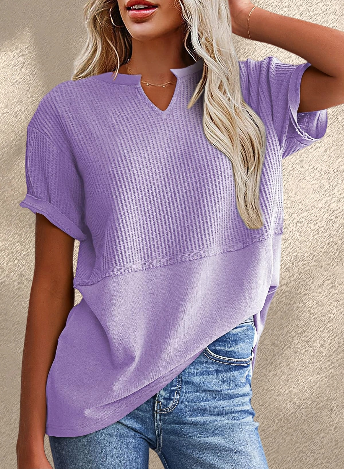 New Arrivals🔥Women's V-neck Casual Waffle Knit Loose Patchwork Top