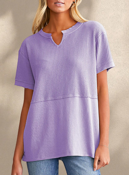 New Arrivals🔥Women's V-neck Casual Waffle Knit Loose Patchwork Top