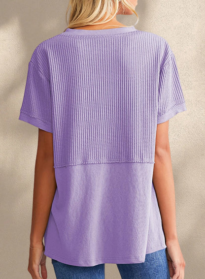 New Arrivals🔥Women's V-neck Casual Waffle Knit Loose Patchwork Top