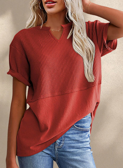 New Arrivals🔥Women's V-neck Casual Waffle Knit Loose Patchwork Top
