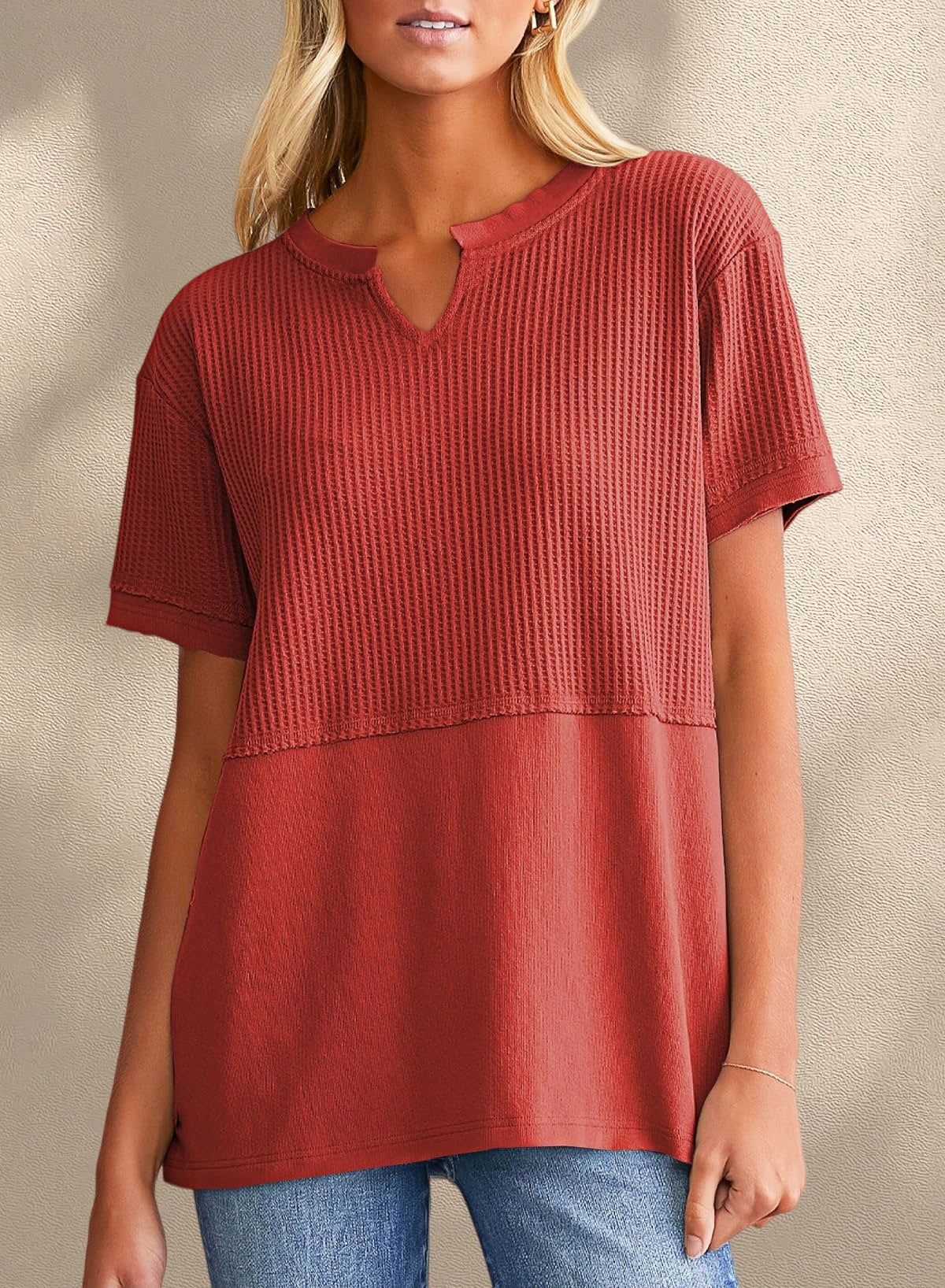 New Arrivals🔥Women's V-neck Casual Waffle Knit Loose Patchwork Top