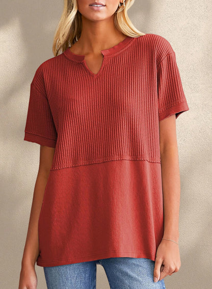 New Arrivals🔥Women's V-neck Casual Waffle Knit Loose Patchwork Top