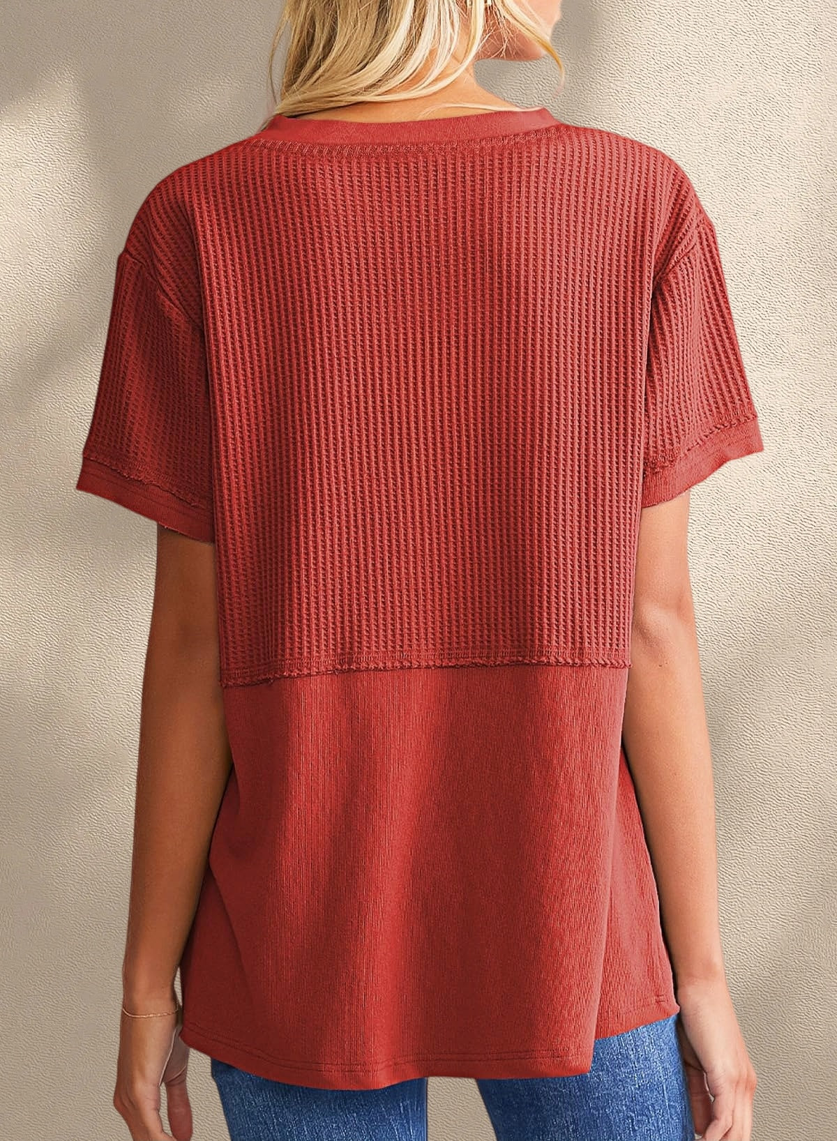 New Arrivals🔥Women's V-neck Casual Waffle Knit Loose Patchwork Top