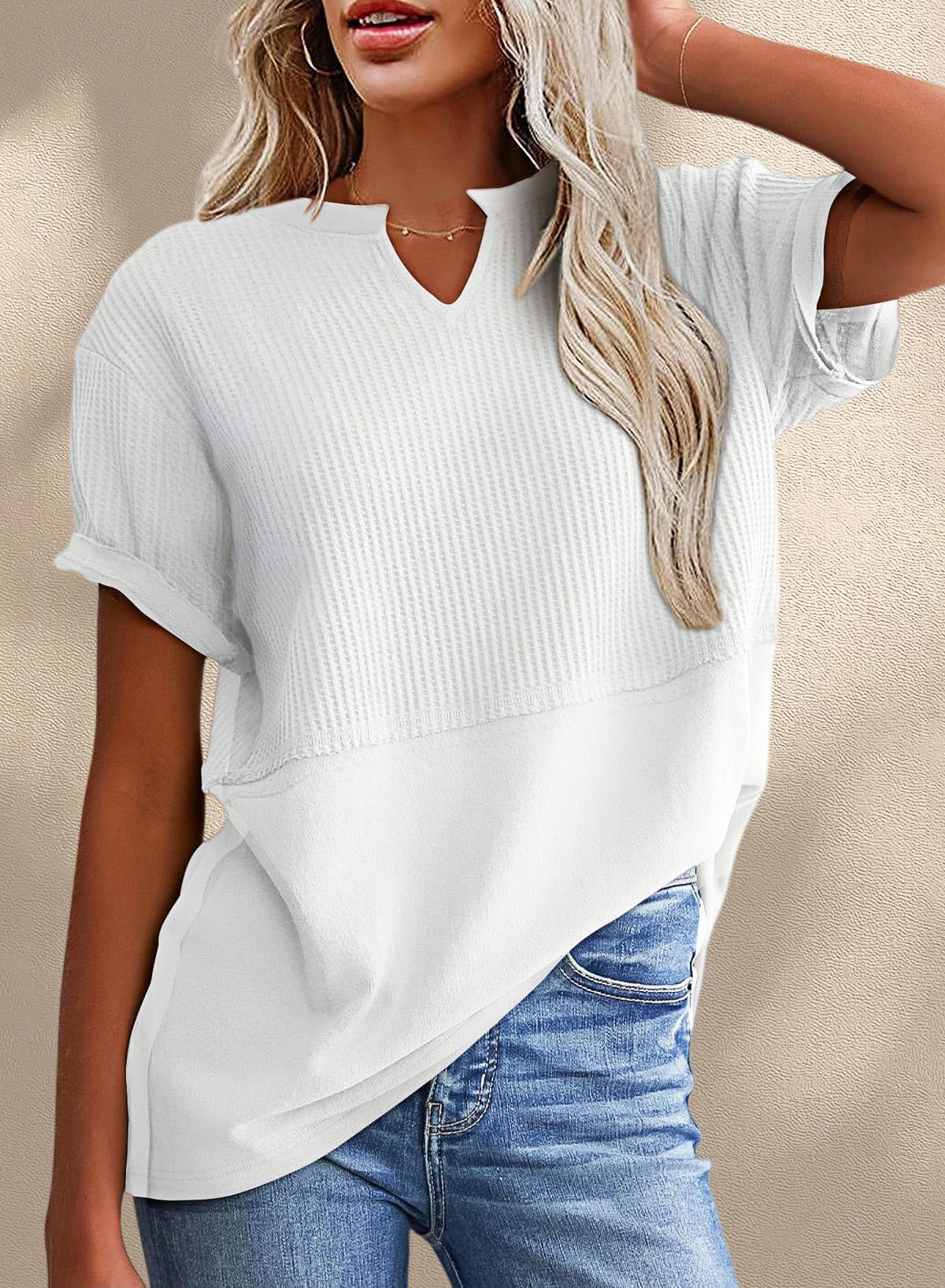 New Arrivals🔥Women's V-neck Casual Waffle Knit Loose Patchwork Top
