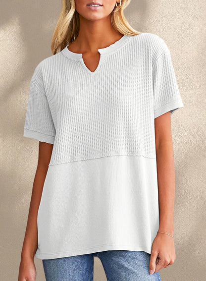 New Arrivals🔥Women's V-neck Casual Waffle Knit Loose Patchwork Top