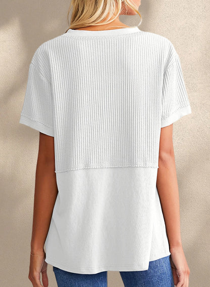 New Arrivals🔥Women's V-neck Casual Waffle Knit Loose Patchwork Top