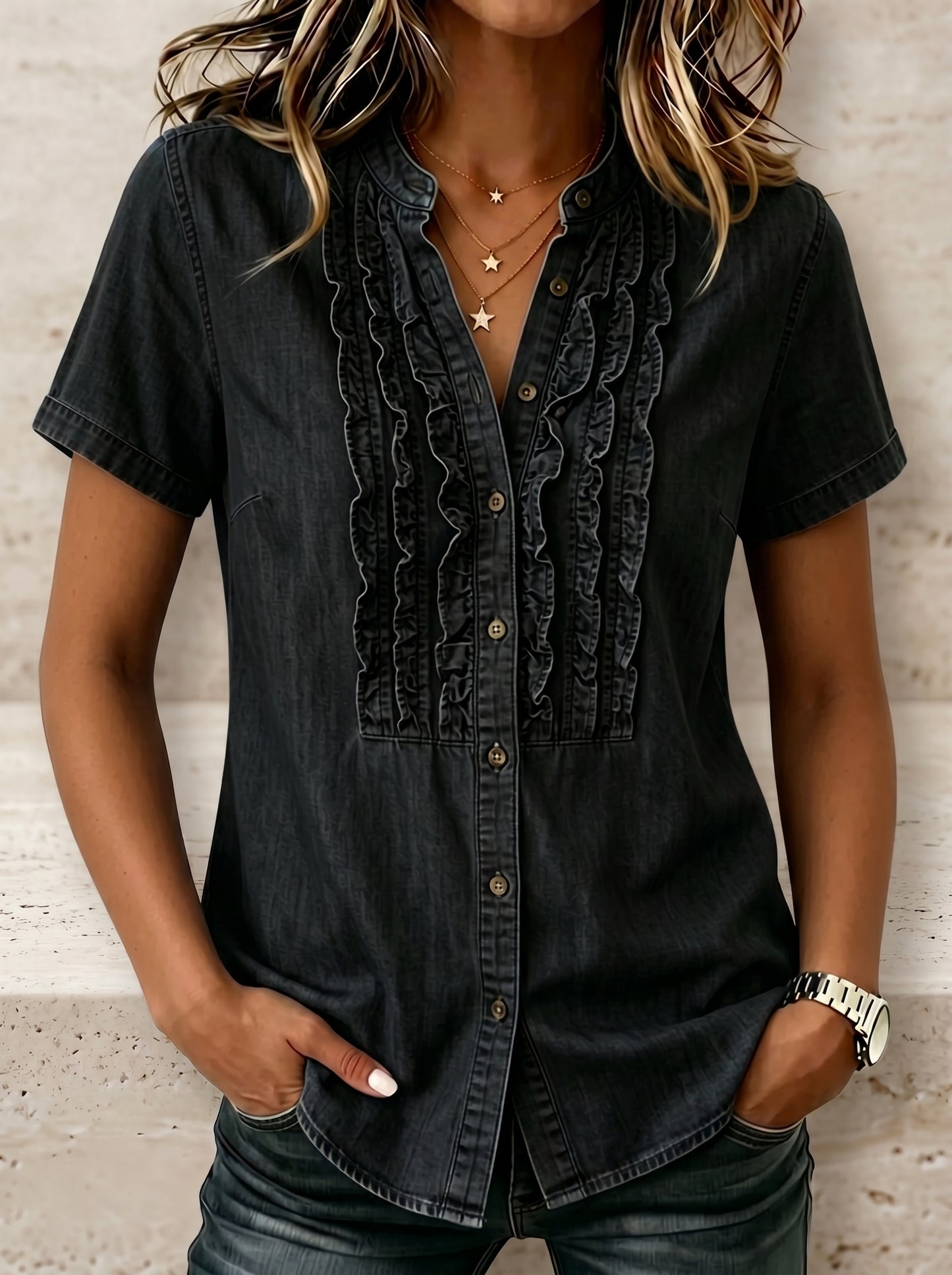🔥CLEARANCE SALE🔥Women's V-neck Short-sleeved Casual Button-up Loose Denim Top