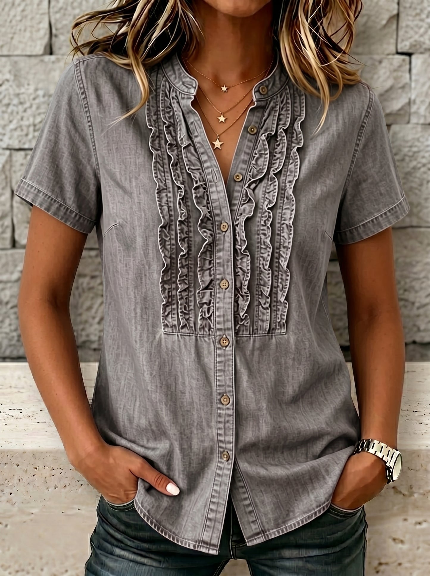 🔥CLEARANCE SALE🔥Women's V-neck Short-sleeved Casual Button-up Loose Denim Top