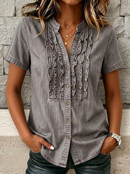 🔥CLEARANCE SALE🔥Women's V-neck Short-sleeved Casual Button-up Loose Denim Top