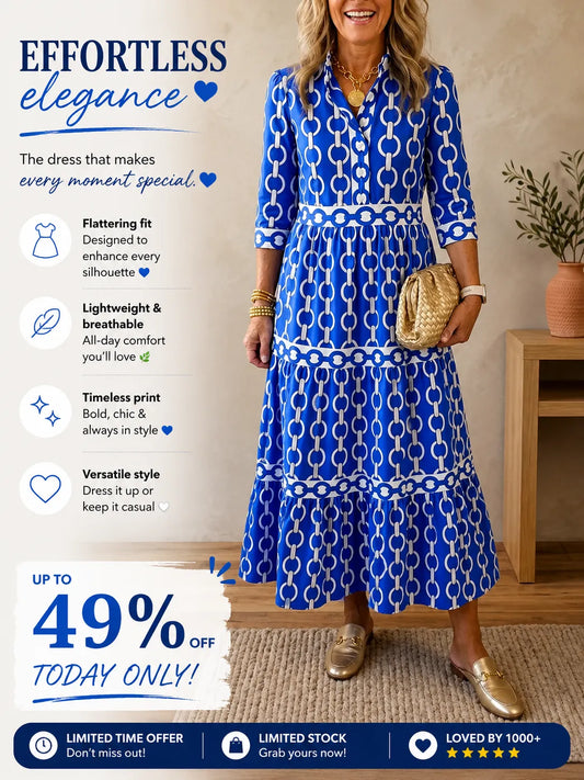 NEW🔥Women's V-neck 3/4 Sleeve Casual Button-up Loose Chain Print Maxi Dress