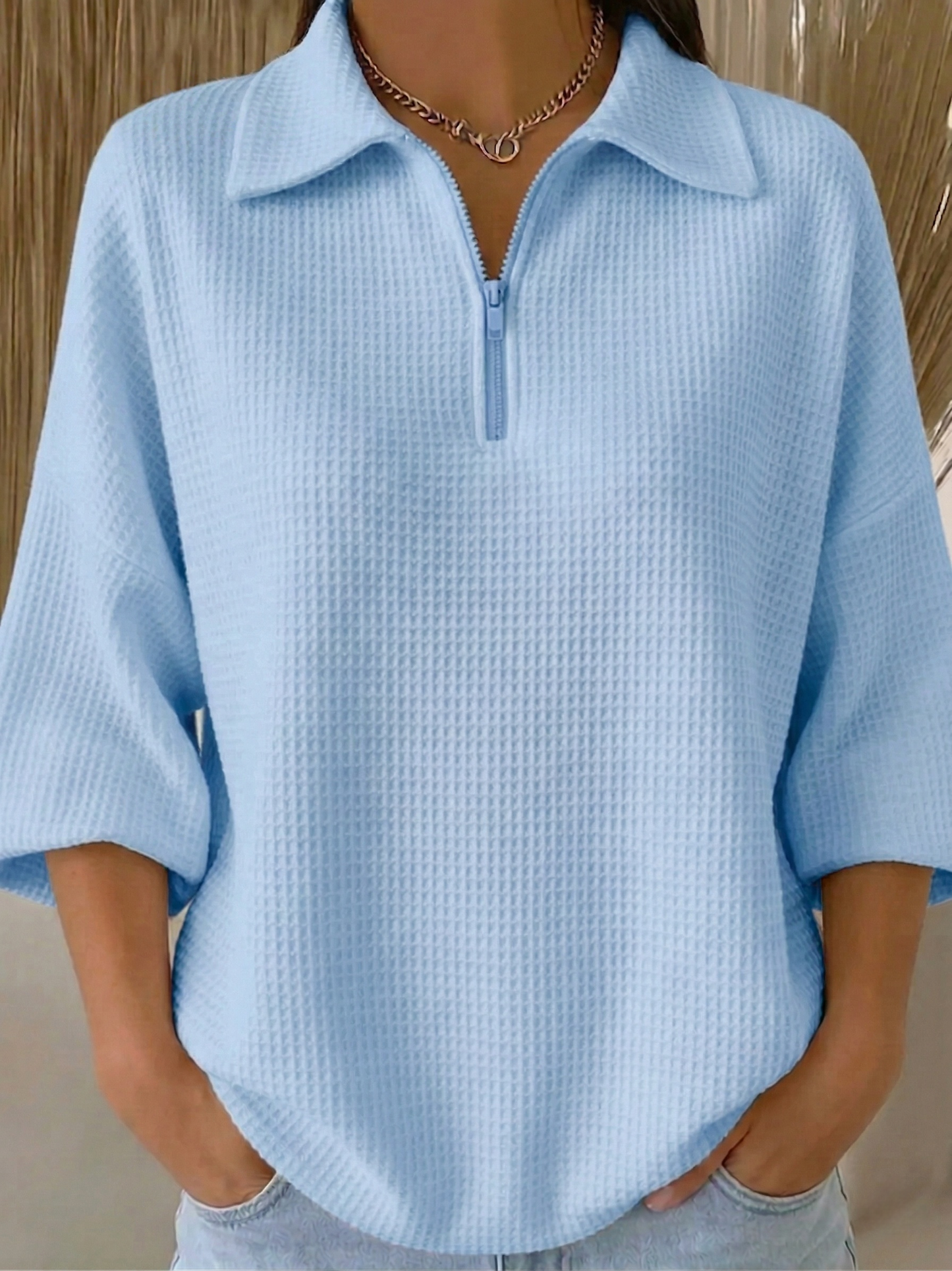 New Arrivals🔥 Women's Casual Polo Zipper 4/3 Sleeves Waffle-knit T-shirt