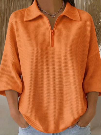 New Arrivals🔥 Women's Casual Polo Zipper 4/3 Sleeves Waffle-knit T-shirt