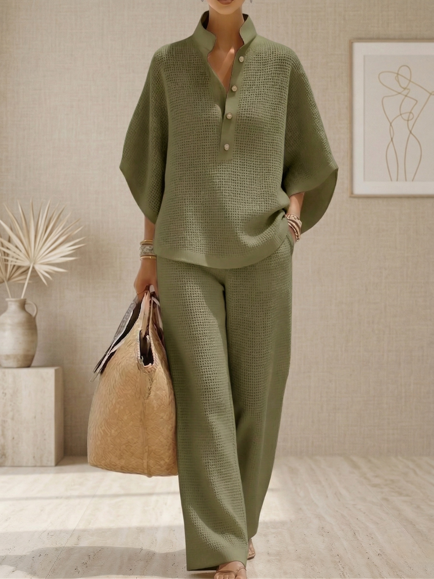 New Arrivals🔥Women's Waffle Two-Piece Set-Casual Shirt & Wide Leg Pants Outfit