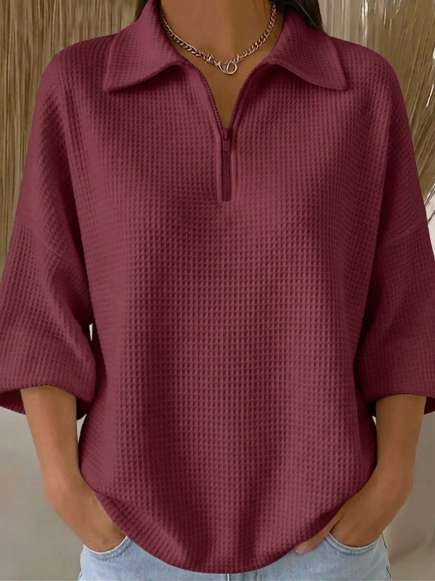 New Arrivals🔥 Women's Casual Polo Zipper 4/3 Sleeves Waffle-knit T-shirt
