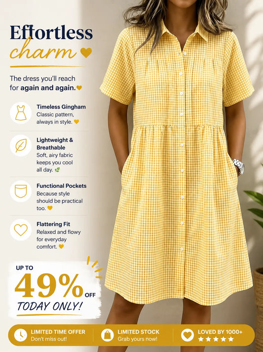 Today 49% off🔥Women’s Cotton Linen Gingham Button-Up Shirt Dress