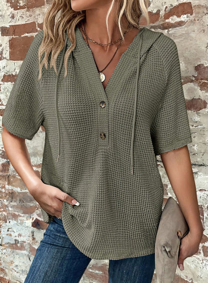 New Arrivals🔥Women's V-neck Casual Button-up Loose Waffle Knit Hoodie