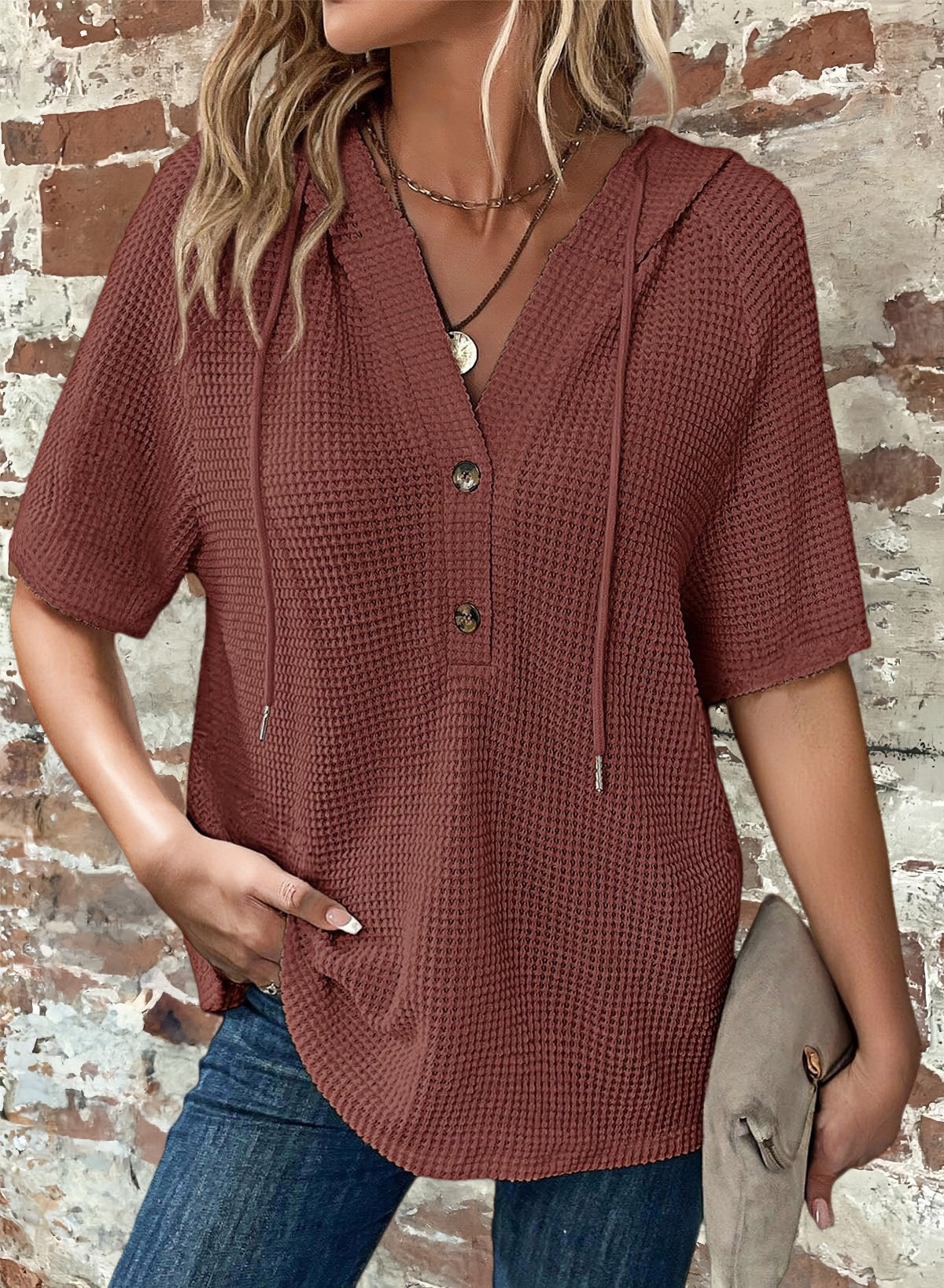 New Arrivals🔥Women's V-neck Casual Button-up Loose Waffle Knit Hoodie