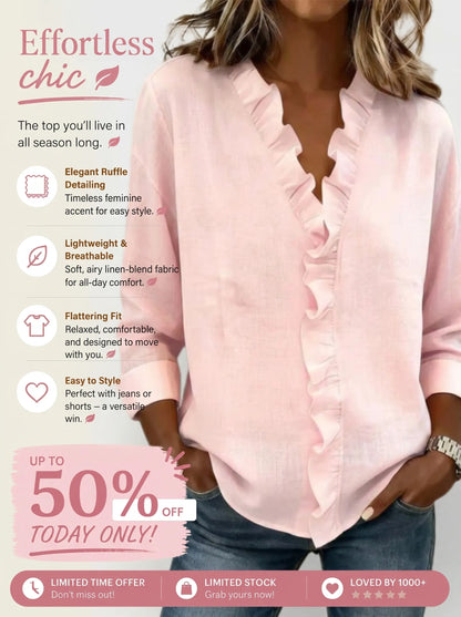 🔥CLEARANCE SALE🔥 Women's V-neck Casual Ruffle Trim Loose Cotton Blouse
