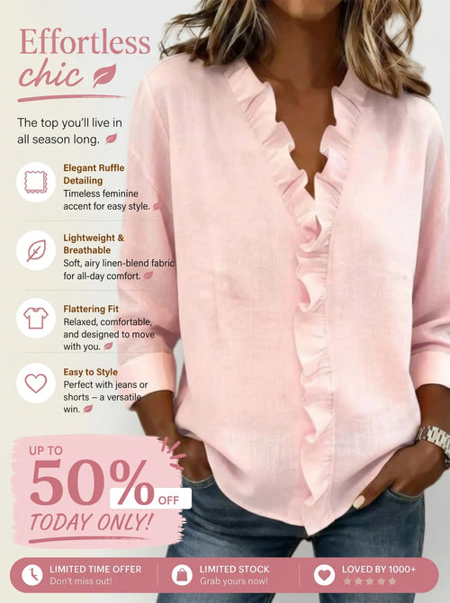 🔥CLEARANCE SALE🔥 Women's V-neck Casual Ruffle Trim Loose Cotton Blouse