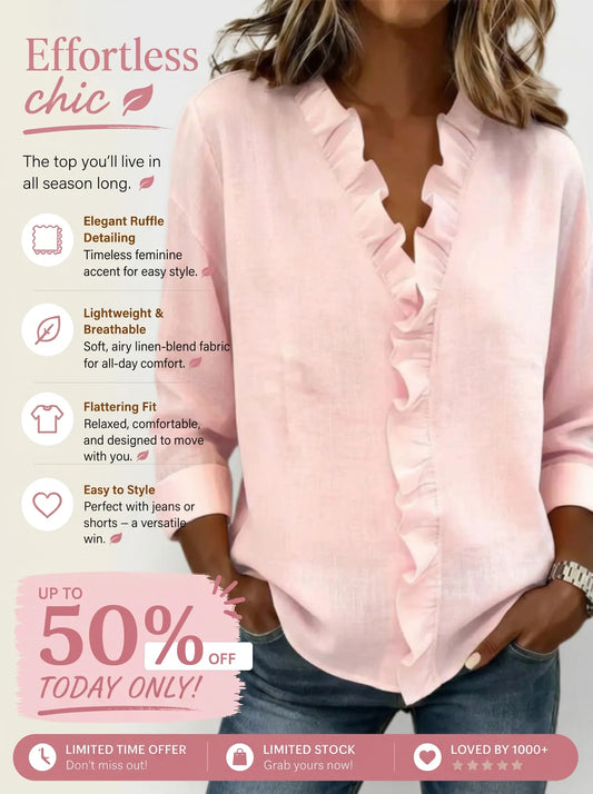 🔥CLEARANCE SALE🔥 Women's V-neck Casual Ruffle Trim Loose Cotton Blouse