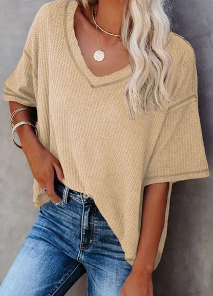 New Arrivals🔥Women's V-neck Short-Sleeve Casual Loose Waffle Knit Top