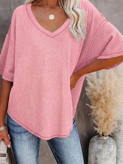 New Arrivals🔥Women's V-neck Short-Sleeve Casual Loose Waffle Knit Top