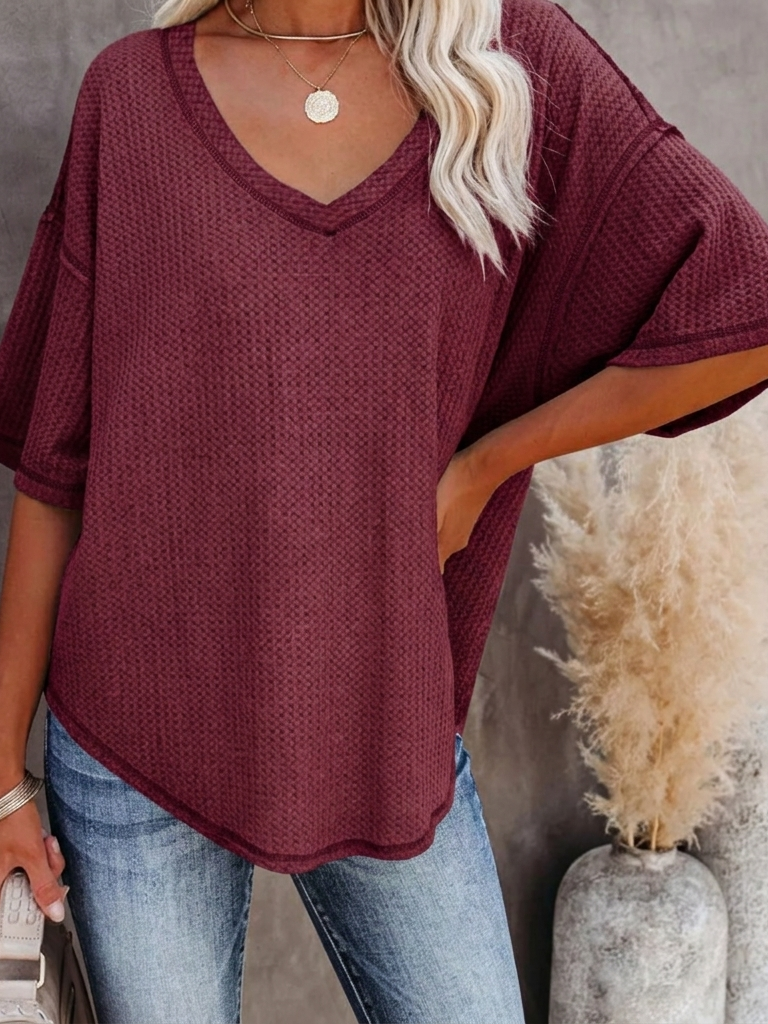 New Arrivals🔥Women's V-neck Short-Sleeve Casual Loose Waffle Knit Top