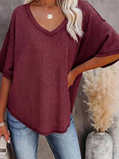 New Arrivals🔥Women's V-neck Short-Sleeve Casual Loose Waffle Knit Top