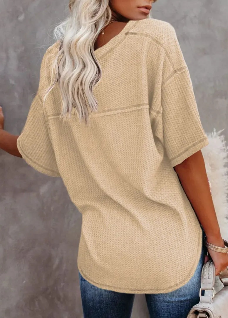 New Arrivals🔥Women's V-neck Short-Sleeve Casual Loose Waffle Knit Top