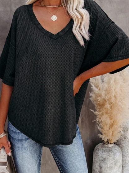 New Arrivals🔥Women's V-neck Short-Sleeve Casual Loose Waffle Knit Top