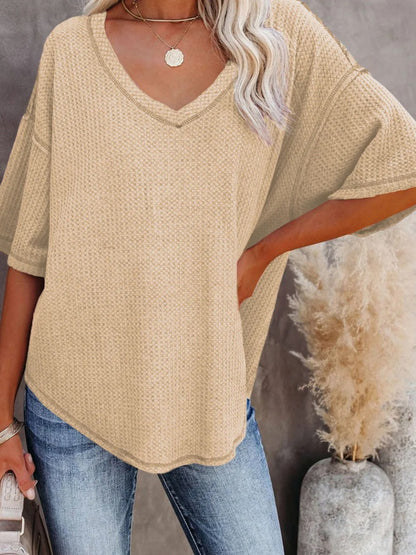 New Arrivals🔥Women's V-neck Short-Sleeve Casual Loose Waffle Knit Top
