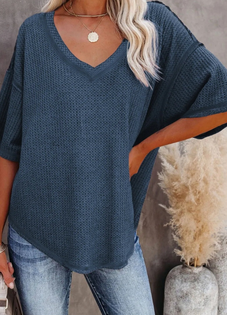New Arrivals🔥Women's V-neck Short-Sleeve Casual Loose Waffle Knit Top