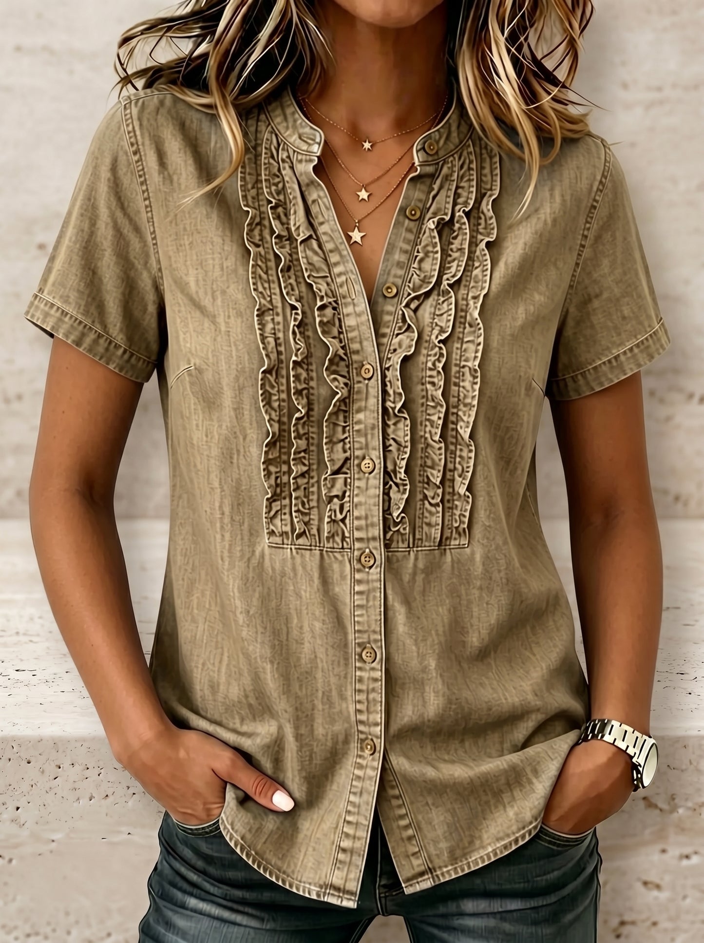🔥CLEARANCE SALE🔥Women's V-neck Short-sleeved Casual Button-up Loose Denim Top