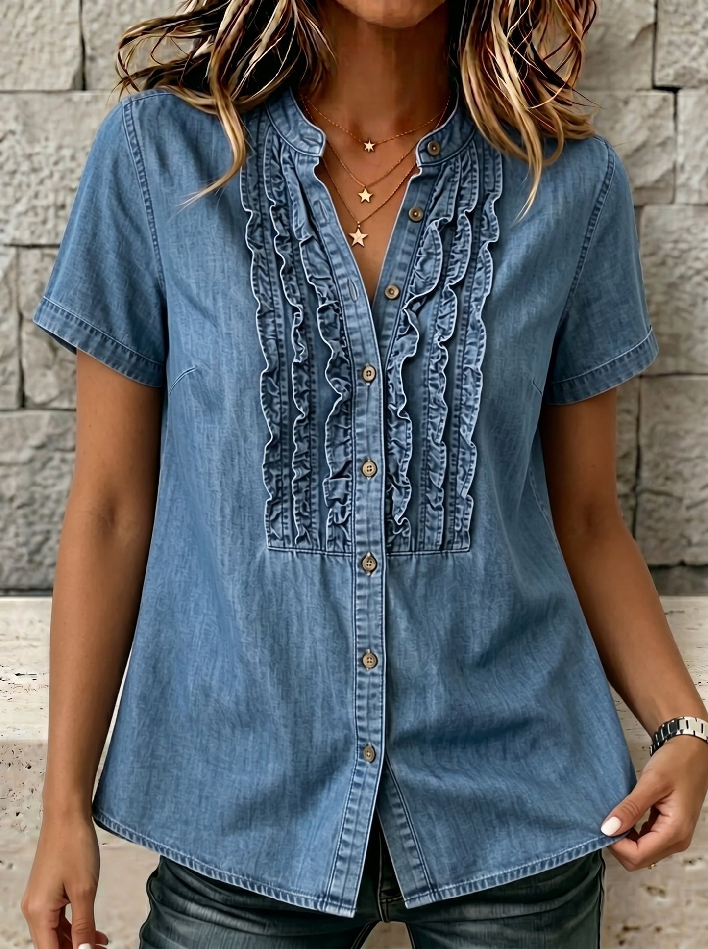 🔥CLEARANCE SALE🔥Women's V-neck Short-sleeved Casual Button-up Loose Denim Top