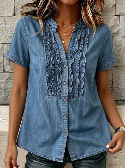 🔥CLEARANCE SALE🔥Women's V-neck Short-sleeved Casual Button-up Loose Denim Top