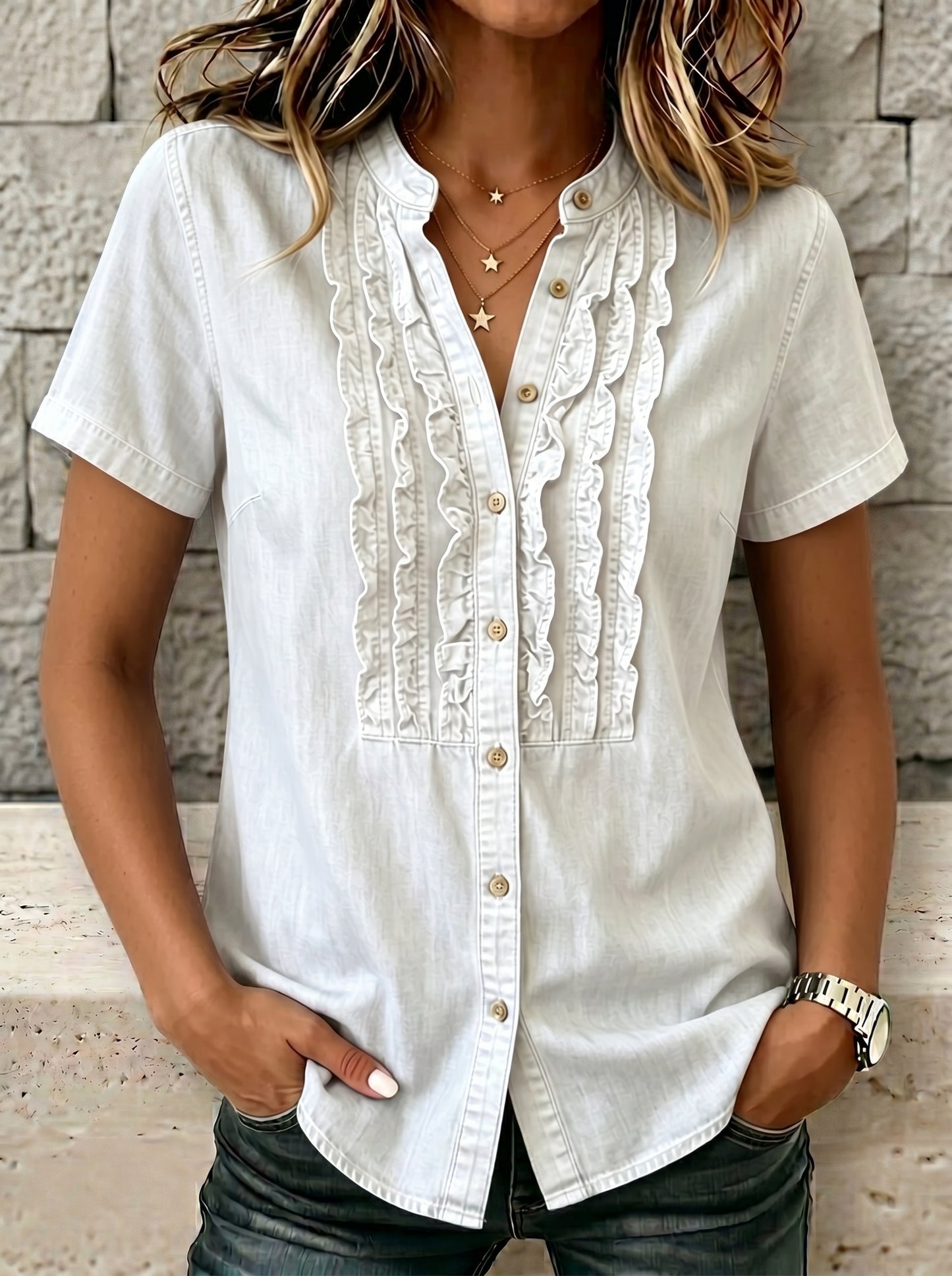 🔥CLEARANCE SALE🔥Women's V-neck Short-sleeved Casual Button-up Loose Denim Top