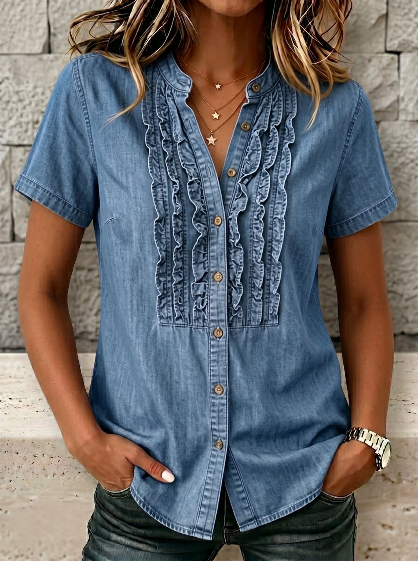 🔥CLEARANCE SALE🔥Women's V-neck Short-sleeved Casual Button-up Loose Denim Top