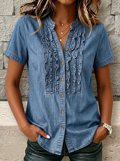 🔥CLEARANCE SALE🔥Women's V-neck Short-sleeved Casual Button-up Loose Denim Top