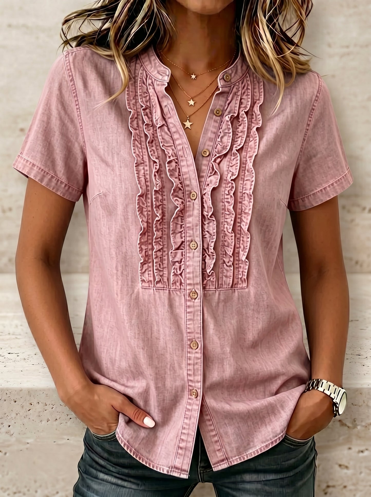 🔥CLEARANCE SALE🔥Women's V-neck Short-sleeved Casual Button-up Loose Denim Top