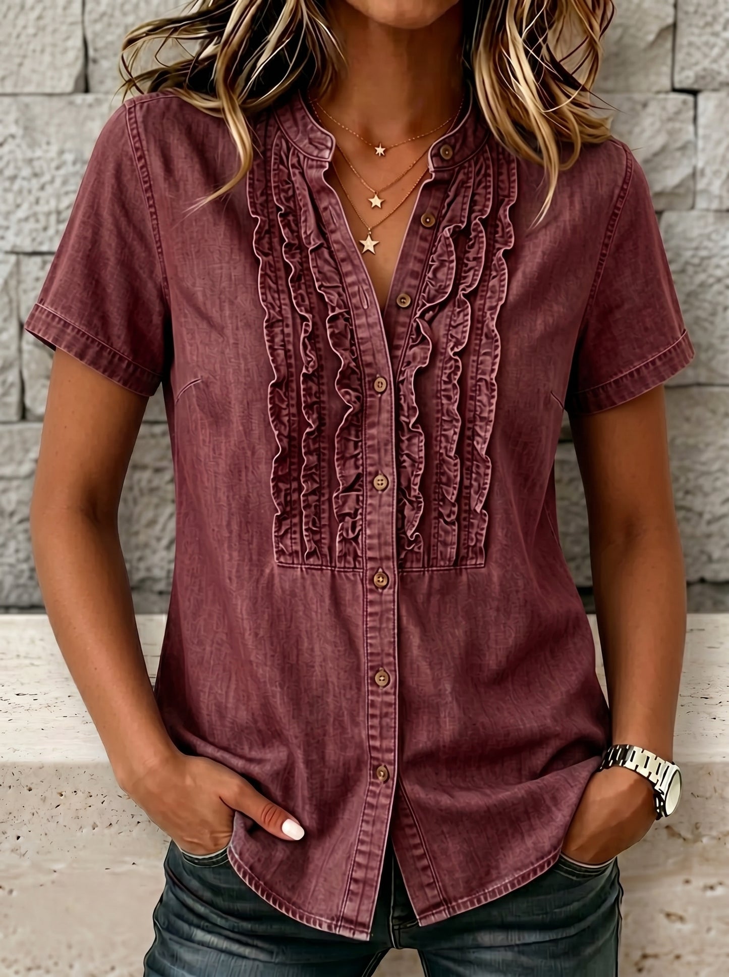 🔥CLEARANCE SALE🔥Women's V-neck Short-sleeved Casual Button-up Loose Denim Top
