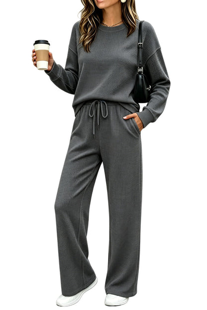 ⏰ LAST DAY SAVE 50% 🔥Women's 2 Piece Sets Waffle Knit Crewneck Sweatshirt & Pants Casual Travel Outfits