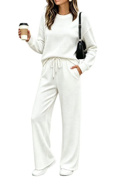 ⏰ LAST DAY SAVE 50% 🔥Women's 2 Piece Sets Waffle Knit Crewneck Sweatshirt & Pants Casual Travel Outfits