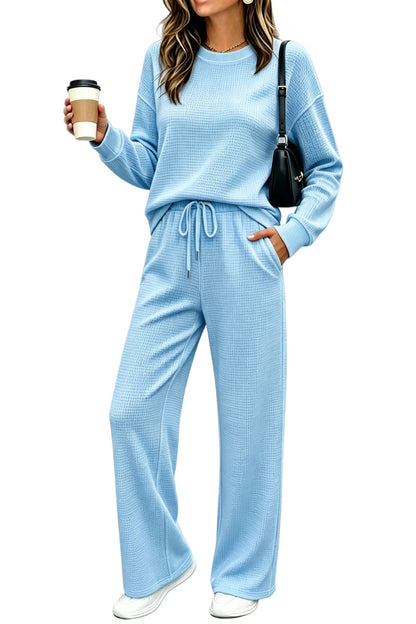 ⏰ LAST DAY SAVE 50% 🔥Women's 2 Piece Sets Waffle Knit Crewneck Sweatshirt & Pants Casual Travel Outfits