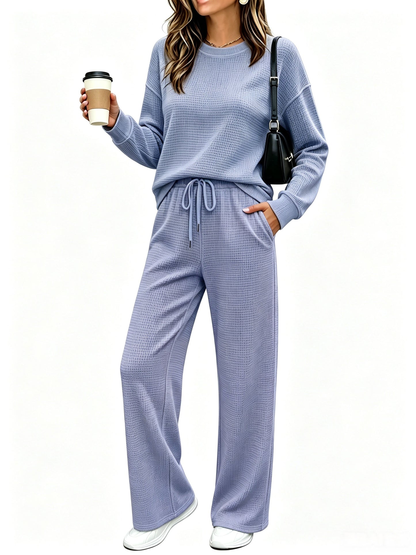 ⏰ LAST DAY SAVE 50% 🔥Women's 2 Piece Sets Waffle Knit Crewneck Sweatshirt & Pants Casual Travel Outfits