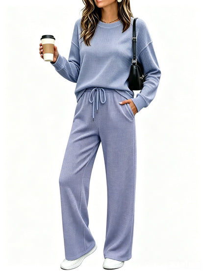 ⏰ LAST DAY SAVE 50% 🔥Women's 2 Piece Sets Waffle Knit Crewneck Sweatshirt & Pants Casual Travel Outfits
