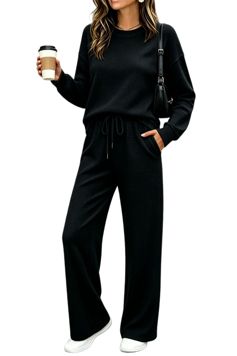 ⏰ LAST DAY SAVE 50% 🔥Women's 2 Piece Sets Waffle Knit Crewneck Sweatshirt & Pants Casual Travel Outfits