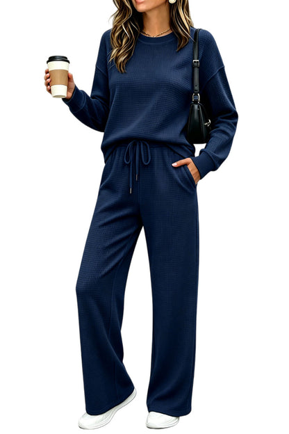 ⏰ LAST DAY SAVE 50% 🔥Women's 2 Piece Sets Waffle Knit Crewneck Sweatshirt & Pants Casual Travel Outfits