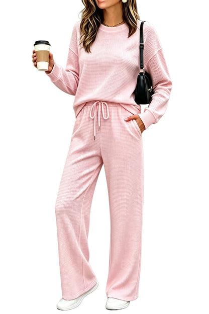 ⏰ LAST DAY SAVE 50% 🔥Women's 2 Piece Sets Waffle Knit Crewneck Sweatshirt & Pants Casual Travel Outfits