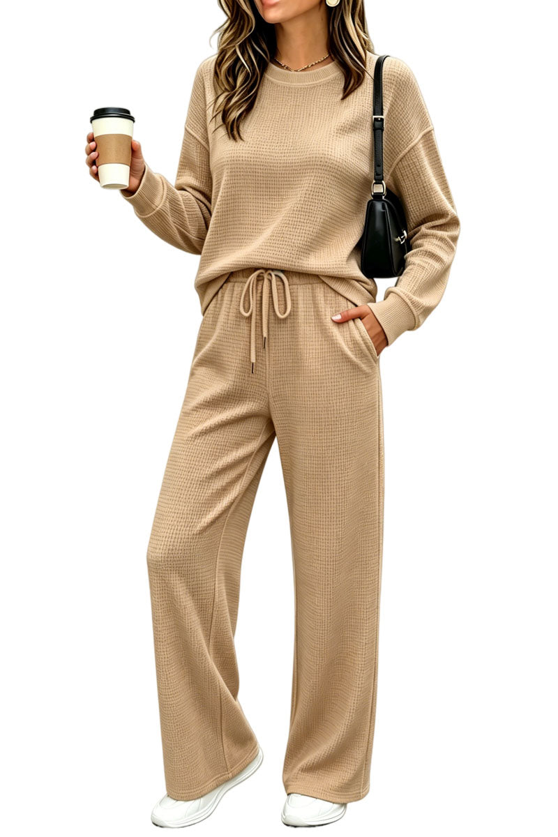 ⏰ LAST DAY SAVE 50% 🔥Women's 2 Piece Sets Waffle Knit Crewneck Sweatshirt & Pants Casual Travel Outfits